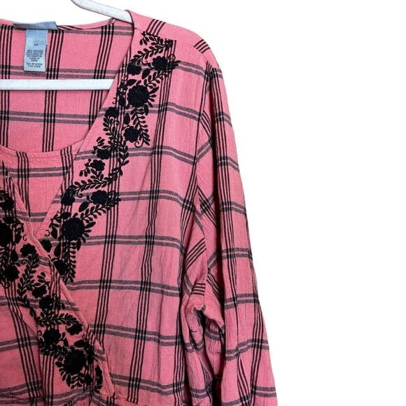 Catherines Top Womens 2X Multicolor Plaid Floral Embroidered Peasant Blouse - Picture 3 of 7